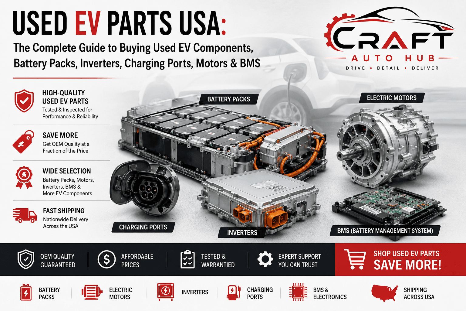 Used EV Parts USA: The Complete Guide to Buying Used EV Components, Battery Packs, Inverters, Charging Ports, Motors & BMS